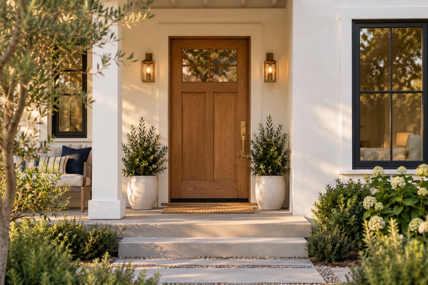 A warm wood front door with porch lights and a planted walkway
